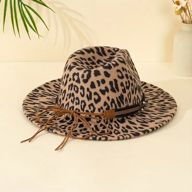 Unisex Leopard Print Hat With Detachable Bull Head Brown Faux Leather Rivet Detail, Vintage Fashion, Flat Brim Felt Hat, All-season Accessory, Ideal For Daily Outings, Outdoor Leisure, Sun Protection, Festive Gifts, Party Fashion