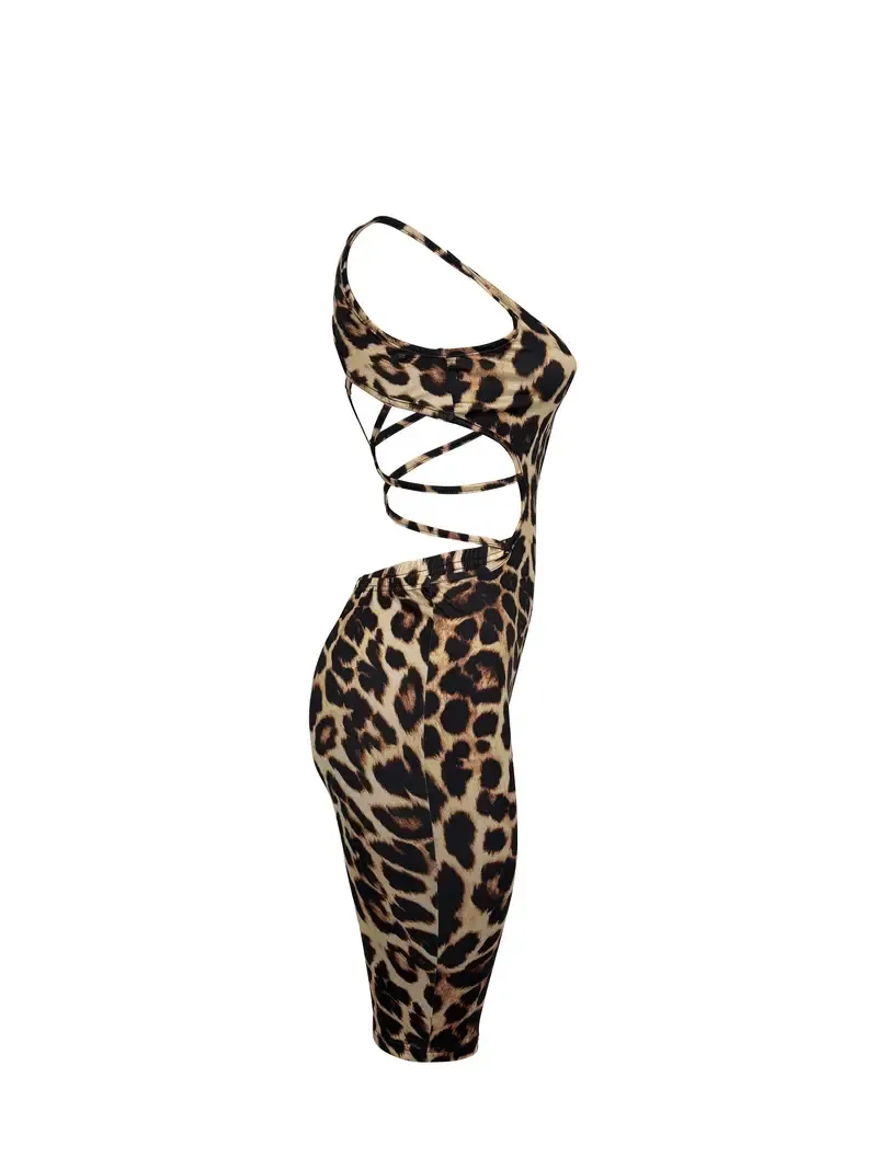 Leopard Print Zip V Neck Romper Jumpsuit, Sexy Sleeveless Cross Backless Skinny Romper Jumpsuti, Women's Clothing