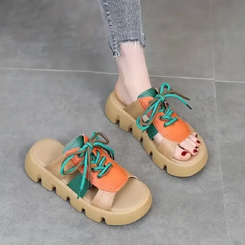 Women's Colorblock Slide Sandals, Casual Open Toe Summer Shoes, Comfortable Lace Up Slide Sandals