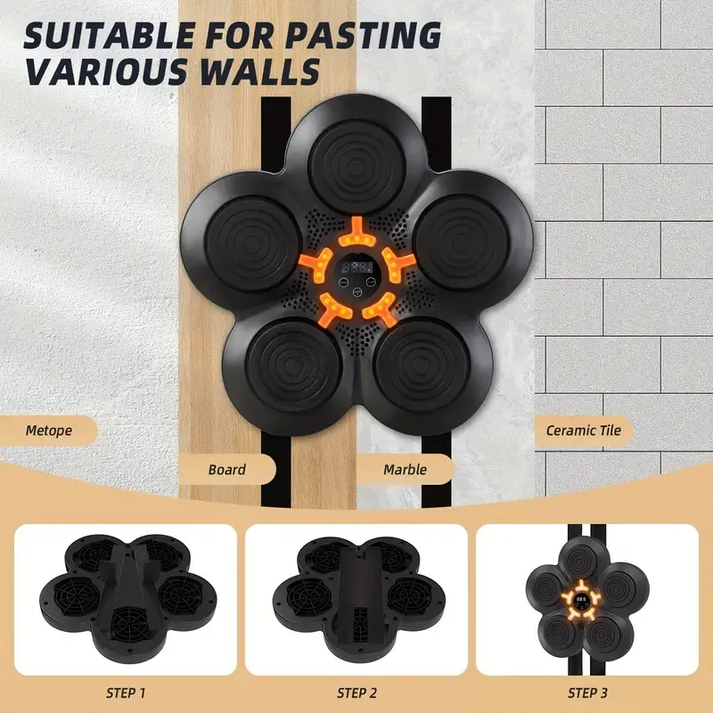 Smart Interactive Boxing Trainer Set, Wall-Mounted Punching Machine with USB Charging, Rhythm Lighting Effects, and Stereo Speakers, for Gym-Style Workouts, Punch-Free Installation, Adjustable Height, Includes Music Connectivity Feature, Suitable for Users Aged 14 and Up - Black