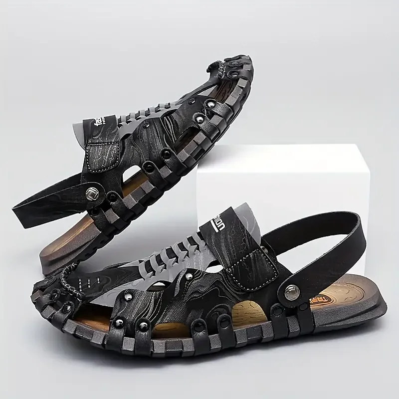 Men's Stitching Microfiber Leather Casual Closed Toe Slip On Sandals, Breathable Anti-skid Summer Beach Sandals For Outdoor