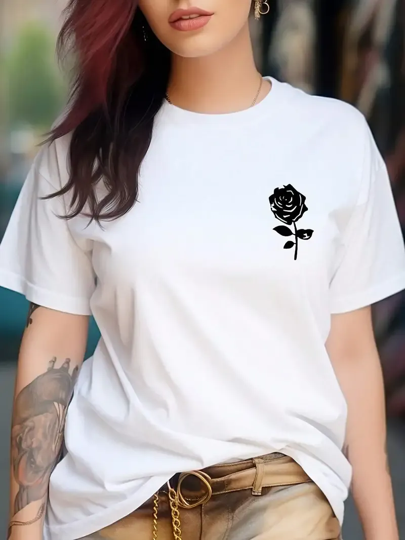 Rose Print Crew Neck T-Shirt, Casual Short Sleeve T-Shirt For Spring & Summer, Women's Clothing