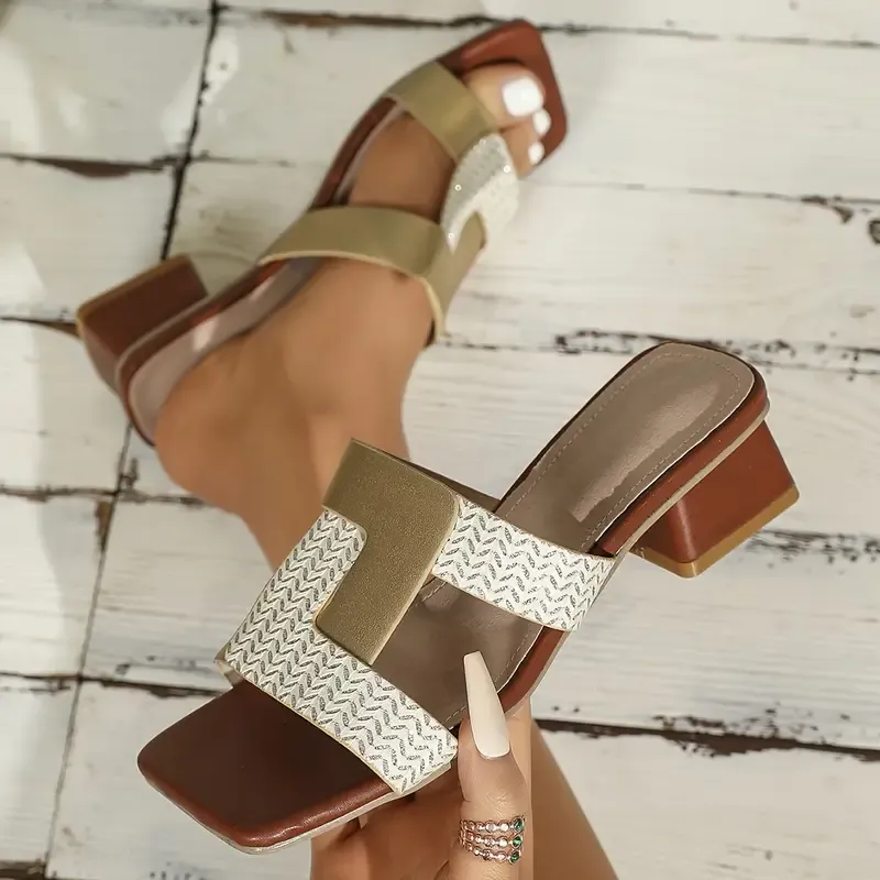 Women's Chunky Heel Summer Shoes, Fashion Square Open Toe Dress Pumps, Stylish Slip On Sandals