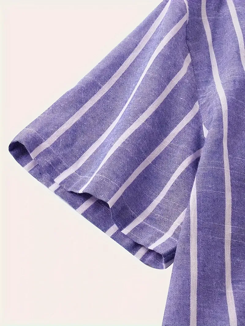 Contrast Color Stripe Pattern Men's Short Sleeve Stand Collar Henley Shirt, Classic And Chic Cotton Blend Tops For Summer Daily Wear And Vacation Resorts