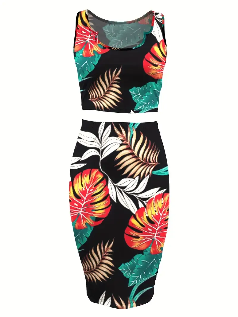 Tropical Print Vacation Two-piece Set, Sleeveless Tank Top & Bag Hip Midi Skirts Outfits, Women's Clothing