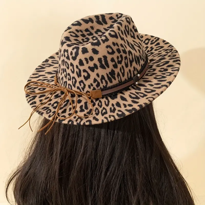 Unisex Leopard Print Hat With Detachable Bull Head Brown Faux Leather Rivet Detail, Vintage Fashion, Flat Brim Felt Hat, All-season Accessory, Ideal For Daily Outings, Outdoor Leisure, Sun Protection, Festive Gifts, Party Fashion