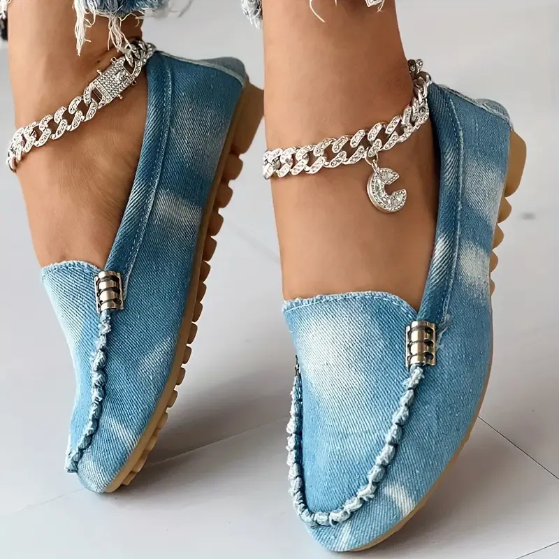 Women's Denim Flat Loafers, Casual Round Toe Slip On Low Top Shoes, Comfy Walking Shoes