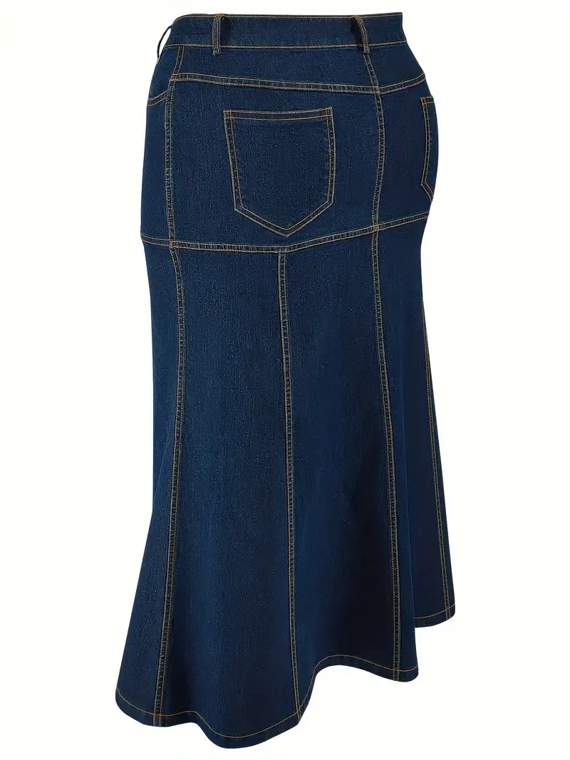 Stylish Plus Size Dark Washed Trumpet Denim Skirt - High Waist