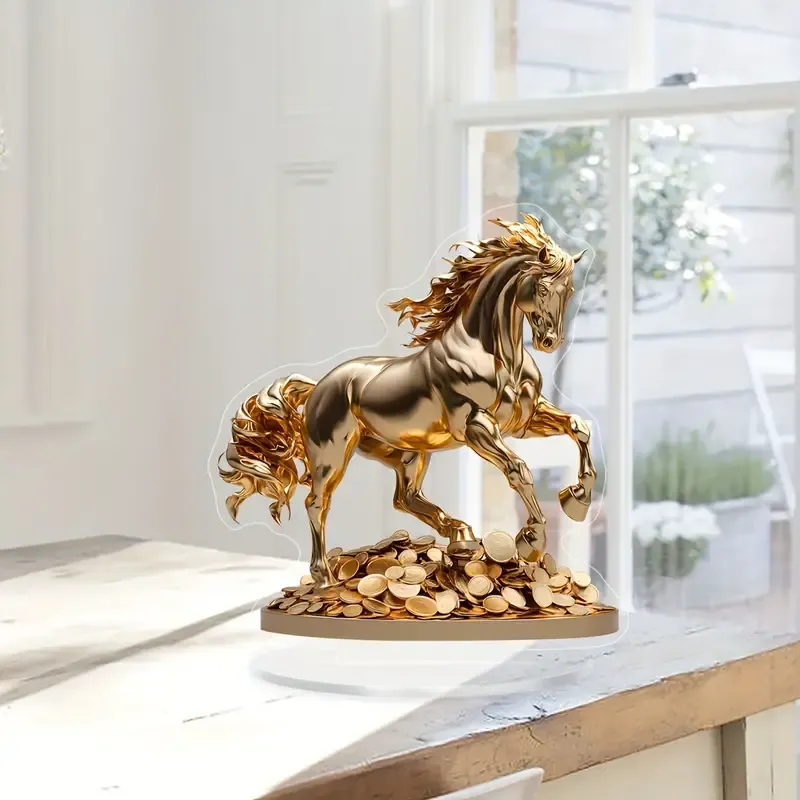1pc, Golden Horse on Coins Acrylic Desk Stand, Festive Animal Figurine, Multi Purpose Family Gift Sign, Home and Office Bedroom Decor, With Base, for Valentine's, Easter, Christmas,  No Power Required, Clamp Attachment