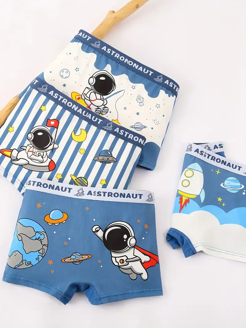 4 Pcs Toddler Boys Underwear 95% Cotton Soft Breathable Cartoon Spaceman Pattern Comfy Boxers Briefs