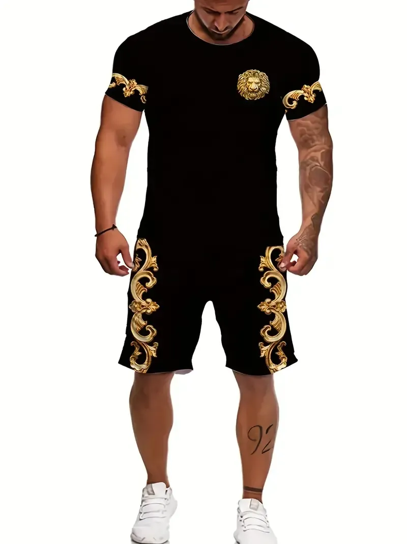2-piece Men's Vintage Floral Print Summer Outfit Set, Men's Stretch Short Sleeve T-shirt & Sports Shorts Set