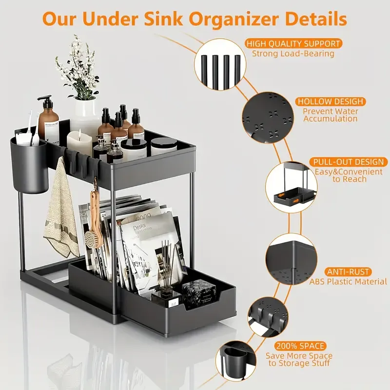 Sliding Under Sink Organizer With Hooks