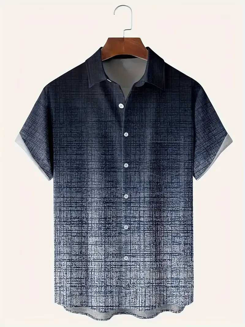 Men's Vintage Gradient Hawaiian Shirt - Casual Short Sleeve Aloha Top with Chest Pocket, Breathable Polyester, Perfect for Summer Beach Outings