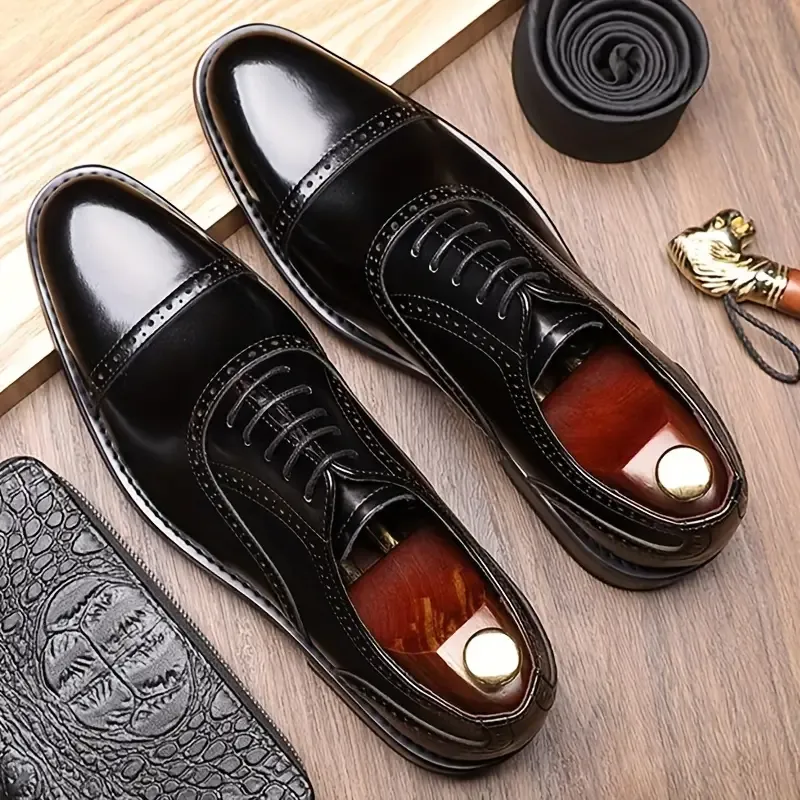Men's Split Cow Leather Upper Solid Color Cap Toe Microfiber Upper Oxford Shoes, Comfy Non Slip Rubber Sole Durable Formal Shoes, Men's Footwear