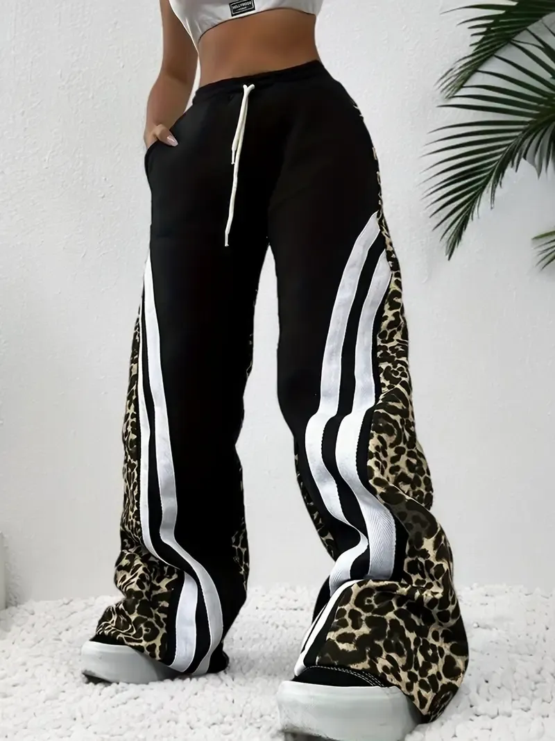 Women's Fleece-Lined Leopard Print Color Block Casual Pants - High Waist, Drawstring Wide Leg with Pockets