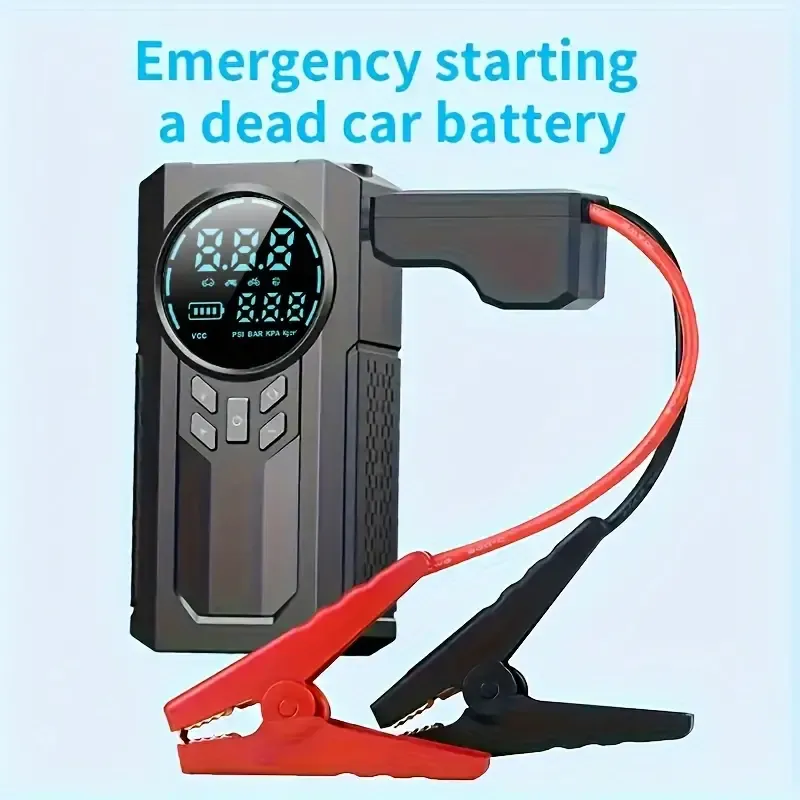 Portable Cordless Car Battery Emergency Starter with Tire Air Pump, LED Display, Flashlight, Mobile Power Supply, and Large Capacity Storage - 8800mAh Lithium Battery
