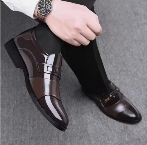 Men's Faux Patent Leather Upper Slip On Business Shoes, Comfy Non Slip Rubber Sole Durable Walking Shoes, Men's Office Footwear