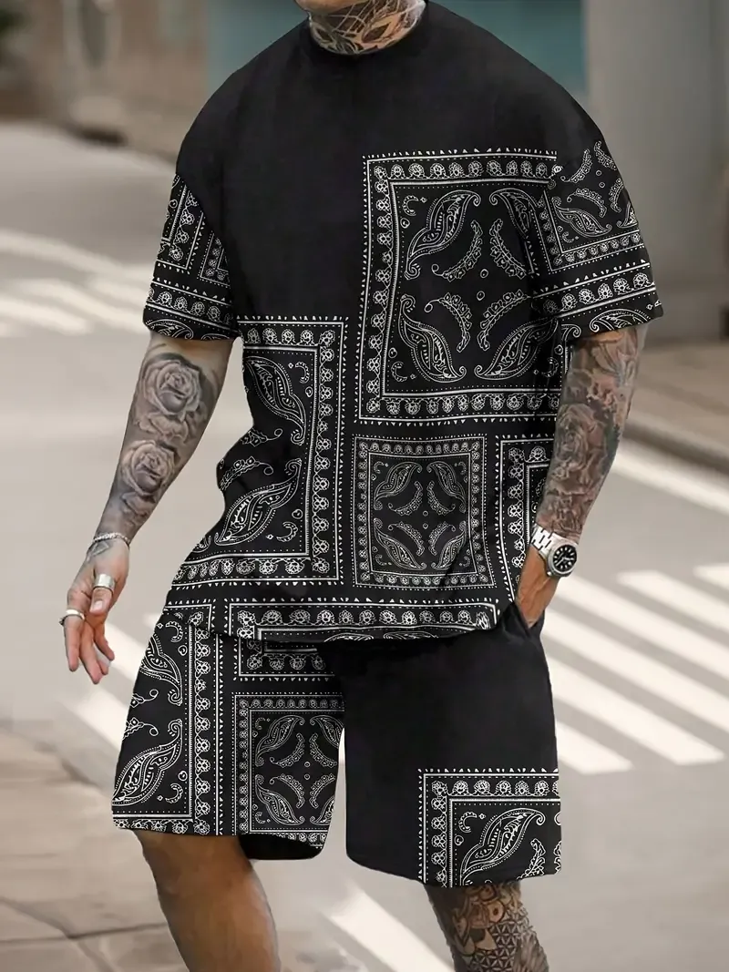 Men's Outfit, Paisley Graphic Print Casual Crew Neck Short Sleeve T-Shirt & Shorts 2-piece Set For Summer Outdoor Activities