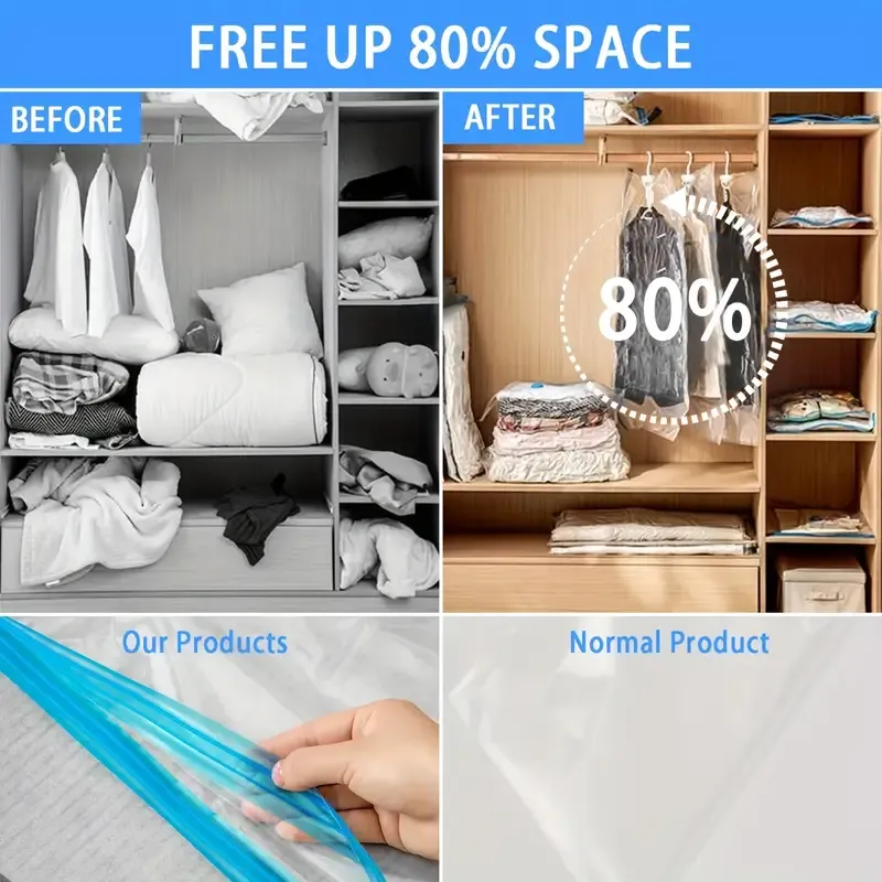 8pcs Vacuum Storage Bag With 1 Hand Pump, Portable Plastic Travel Bag Clothes Storage Bag, For Blankets, Bedding, Clothes, Quilts, Duvets, Ideal Home Supplies, Storage Essentials Space Saver Bags