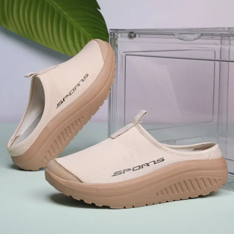 Women's Solid Color Casual Sneakers, Platform Slip On Soft Sole Mesh Walking Shoes, Half Drag Breathable Shoes plus size