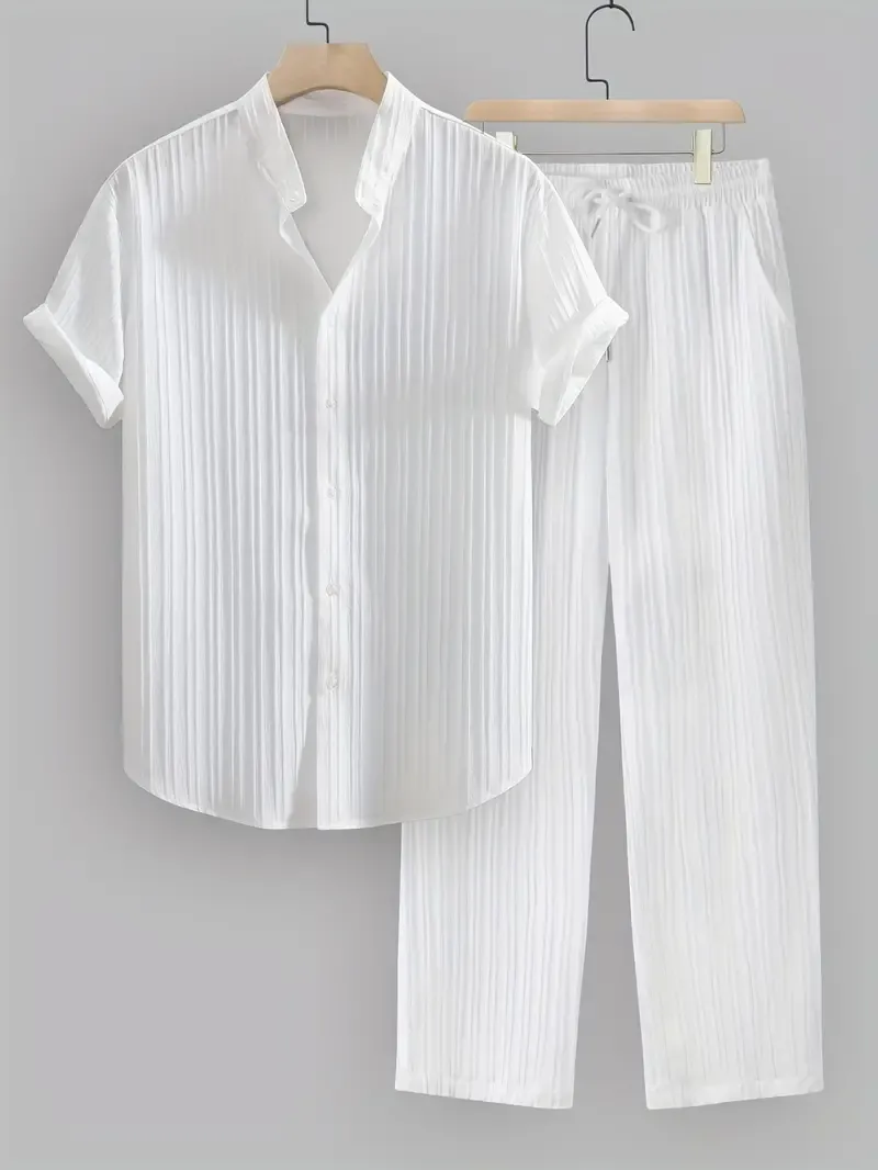 Men's Solid Color Ribbed Casual 2-Piece Set, Stand Collar Short Sleeve Shirt And Long Pants Outfit For Summer Casual Daily Wear