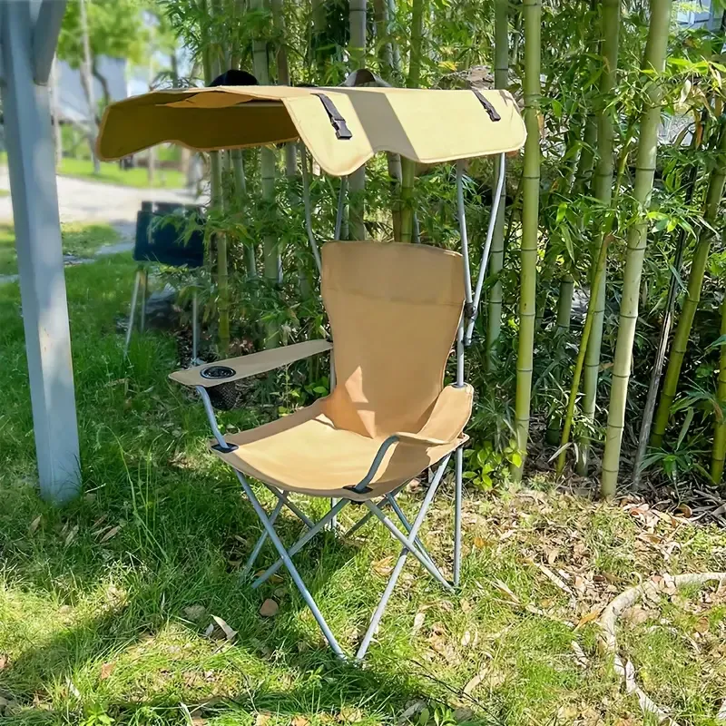 Foldable Camping Chair with Sunshade and Armrest – Outdoor Portable Fishing & Picnic Chair, Adult Steel Bracket, Durable Oxford Fabric Seat, Cup Holder – Leisure Chair for BBQ & Camp Activities