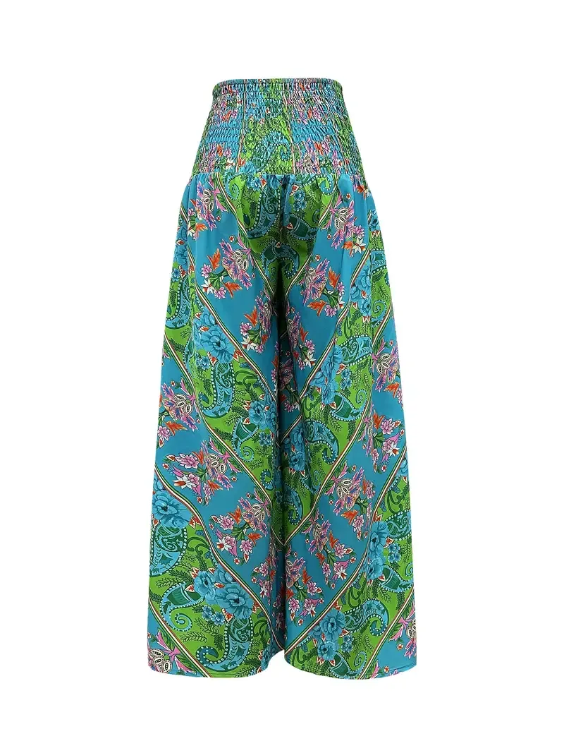 High Waist Boho Floral Print Shirred Waist Pants, Casual & Versatile For Spring & Summer, Women's Clothing