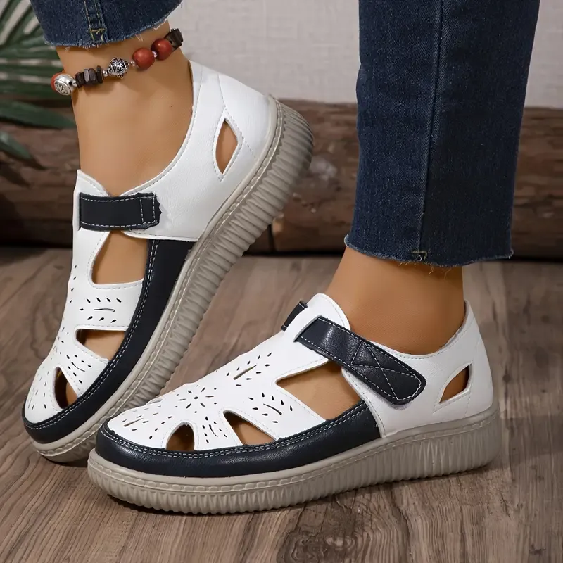 Women's Contrast Color Flat Sandals, Casual Cutout Design Summer Shoes, Women's Comfortable Shoes