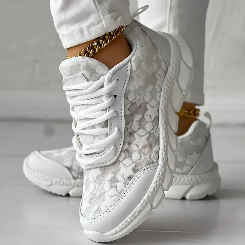 Women's Lace Solid Color Sneakers, Platform Lace Up Soft Sole Mesh Walking Shoes, Low-top Breathable Low-top Daily Footwear