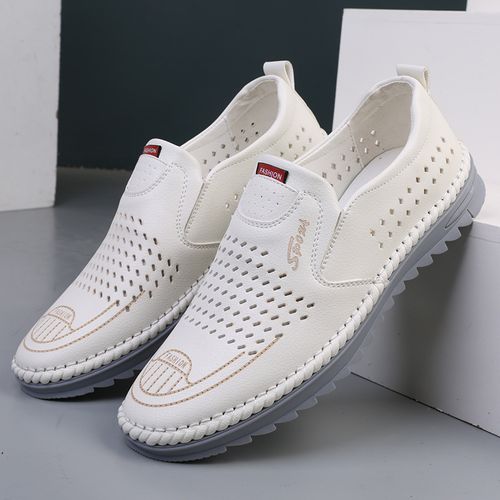 leather shoes men's hollow breathable loafers