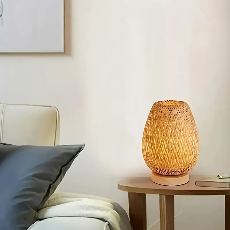 1pc Retro Japanese Style Desk Lamp, Bamboo Woven Desk Lamp, Creative Handmade Rattan, Bedroom, Dining Room, Bedside Desk Lamp, USDLED Desk Lamp, Wooden House Decoration Desk Lamp