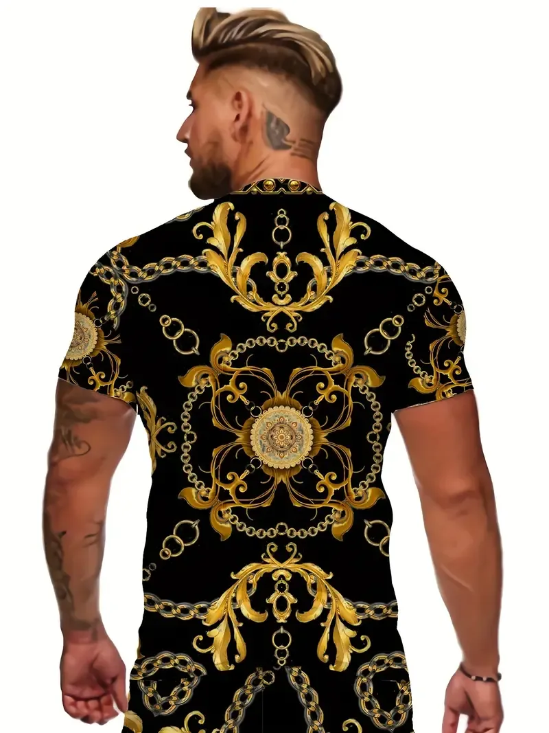 Men's Luxury Flower 3D Print Fashion Round Neck T-shirt, Casual Graphic Tees, Short Sleeve Breathable Tops, Men's Undershirts, Men's Summer Clothes