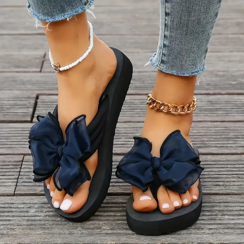 Women's Fashion Platform Flip-Flops With Bow Detail, Summer Trendy Non-Slip Indoor & Outdoor Elevated Beach Slides Vacation Travel Essential