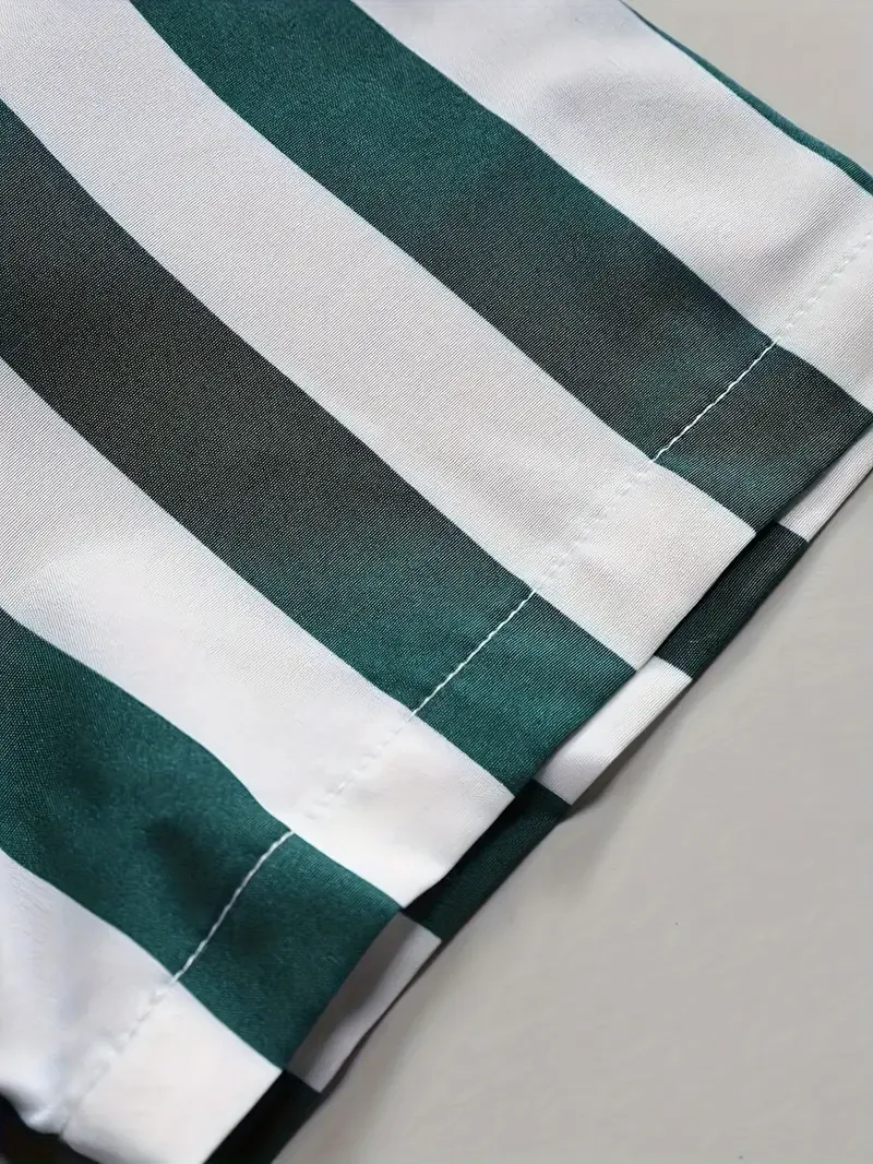 Men's Casual Striped Print Button-Up Shirt - Breathable Polyester, Machine Washable, Short Sleeve, Summer-Ready, Non-Sheer with Collar Detail