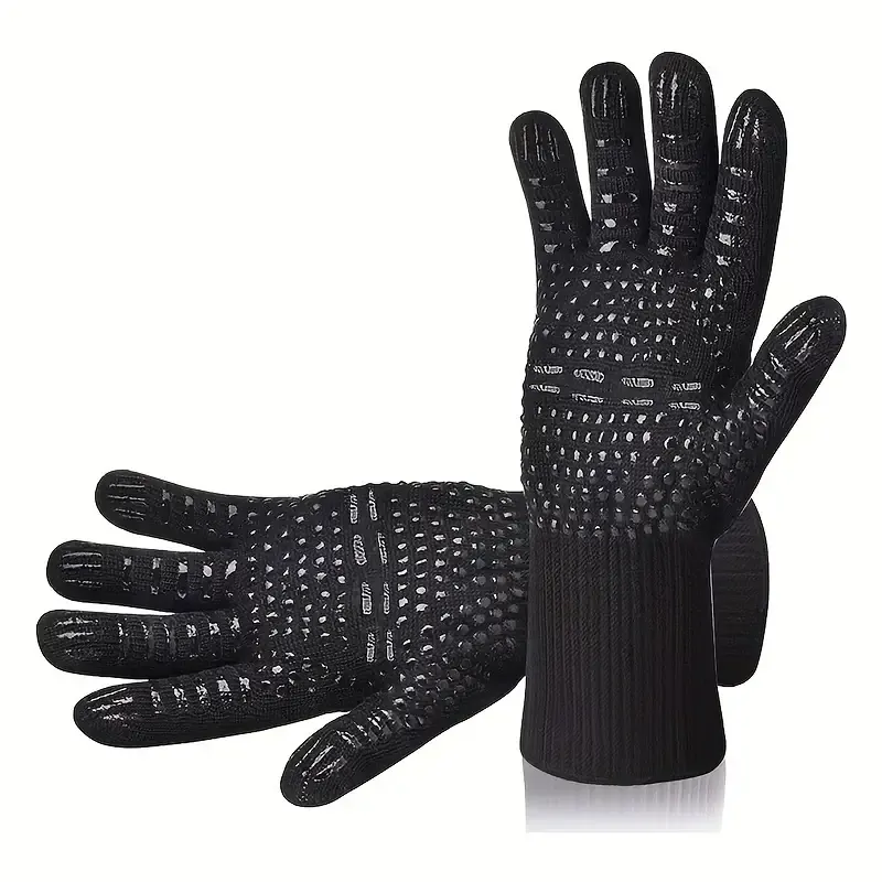 1 pair Fireproof Oven Gloves - Heat Resistant, Cut-Resistant, Non-Slip, Silicone BBQ Gloves for Men - Kitchen Safe Cooking Gloves for Smoker, Grill, Baking, Outdoor Camping, Picnic, Cookware Barbecue Tool Accessories