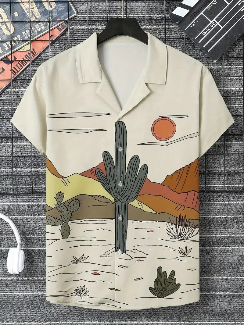 Men's Sunset & Cactus Print Short Sleeve Shirt For Summer, Casual Comfy Shirt As Gift