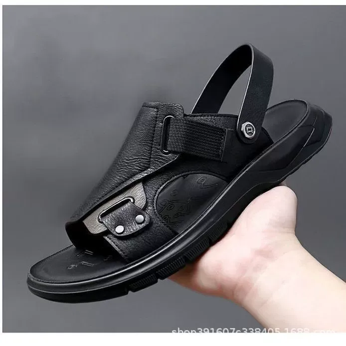 Leather cowhide driving slippers beach shoes for men