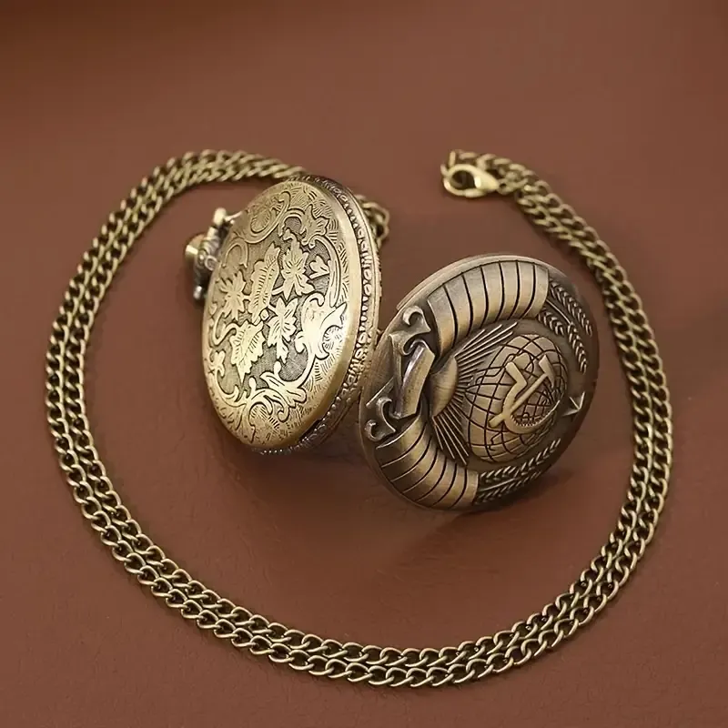 Vintage Bronze Pocket Watch with Hammer & Sickle Emblem - Quartz Movement, Ideal Gift for Men and Women
