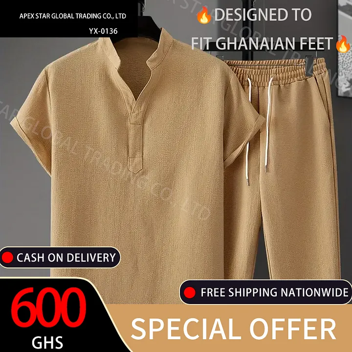 Men's Casual Outfit Set, Polyester Blend, V-Neck, Pockets, Regular Fit, Machine Washable, No Print
