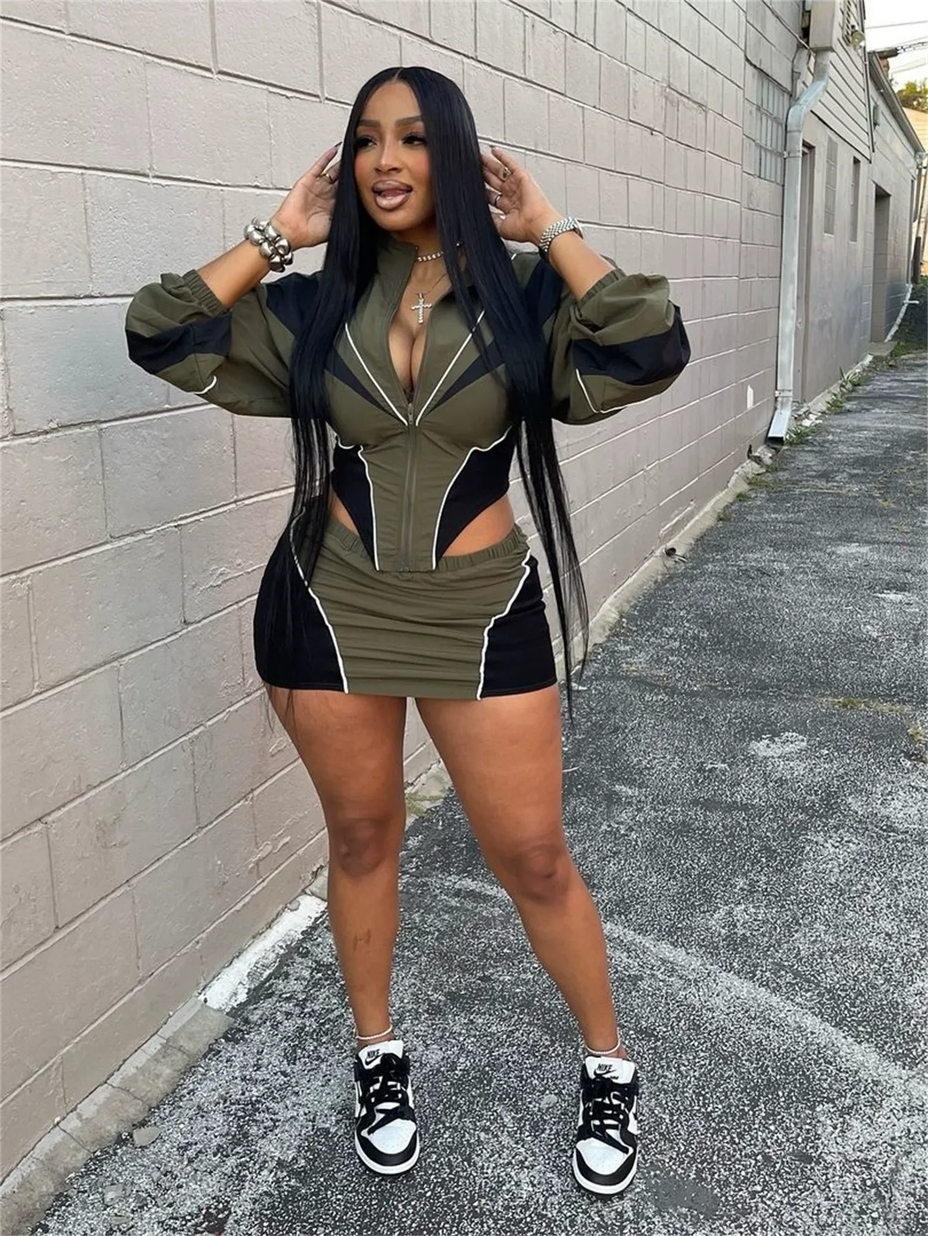 New European and American sexy sports style loose casual contrast color long sleeve jacket short skirt suit for women