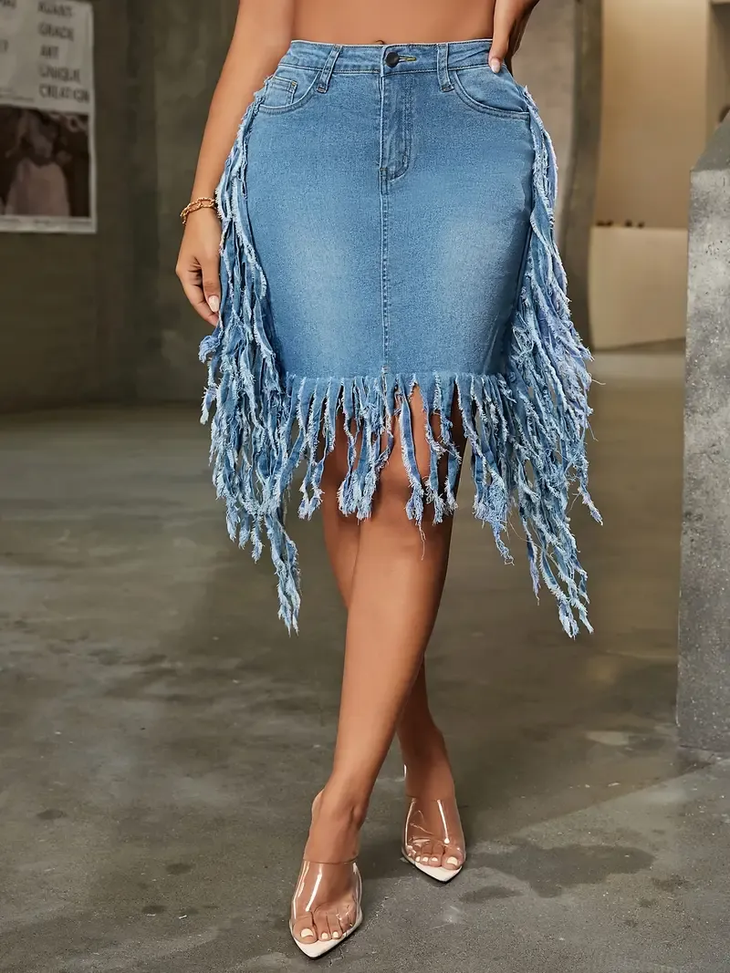 Sexy Fringe Hem Denim Skirt