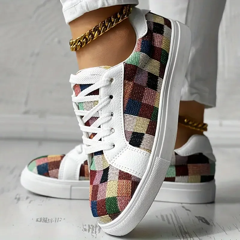 Women's Colorful Lace-Up Sneakers, Casual Low-Top Fashion Walking Daily Shoes, Comfortable Plaid Print Footwear