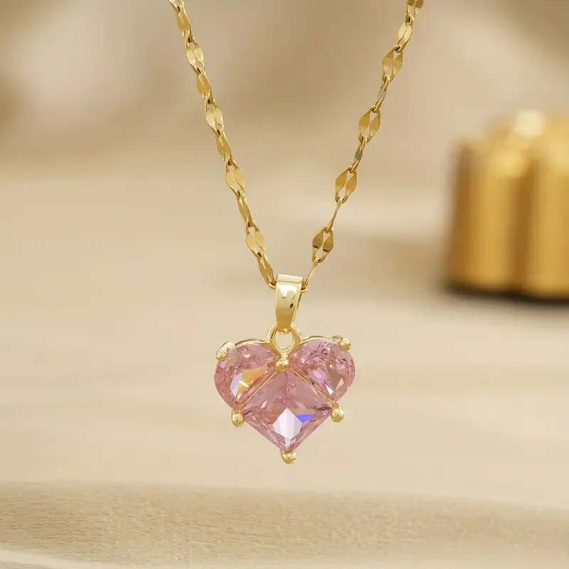 Elegant Simple Style Pink Heart-Shaped zirconia Pendant Necklace With Stainless Steel Chain For Women