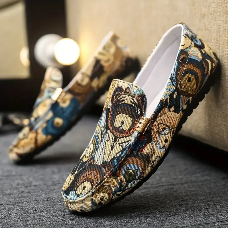 Men's Cartoon Bear Color Block Pattern Slip On Canvas Loafer Shoes, Comfy Non Slip Rubber Sole Durable Walking Shoes, Men's Footwear