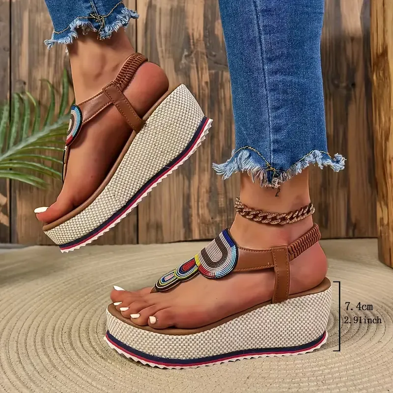 Women's Boho Platform Thong Sandals, Slip On Soft Sole Vacation Summer Shoes, Comfort Beach Wedge Shoes