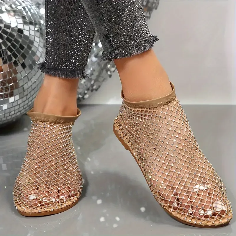 Women's Rhinestone Decor Flat Sandals, Casual Hollow Out Design Shoes, Breathable & Comfortable Shoes