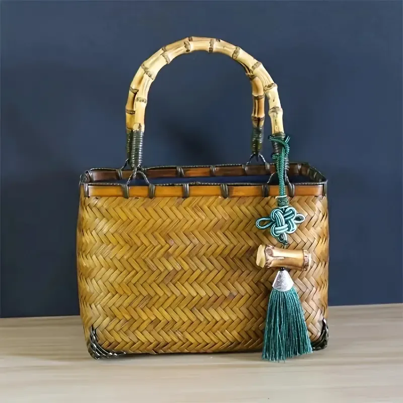 Chic Blue Plaid Handwoven Bamboo Tote - Durable, High-Quality Cotton Lining with Drawstring Closure for Women