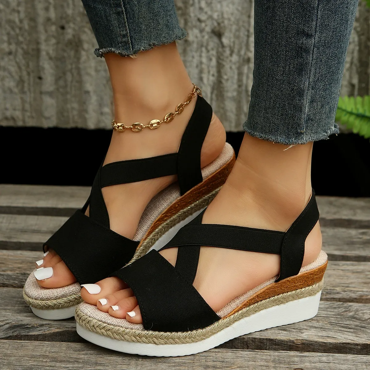 elastic open toe wedge heel thick bottom sandals