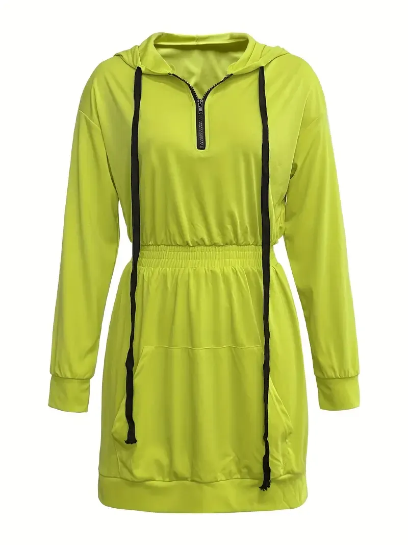 Elegant Slim-Fit Hooded Dress with Drawstring & Kangaroo Pocket - Long Sleeve, Zip-Up, Polyester Blend - Machine Washable