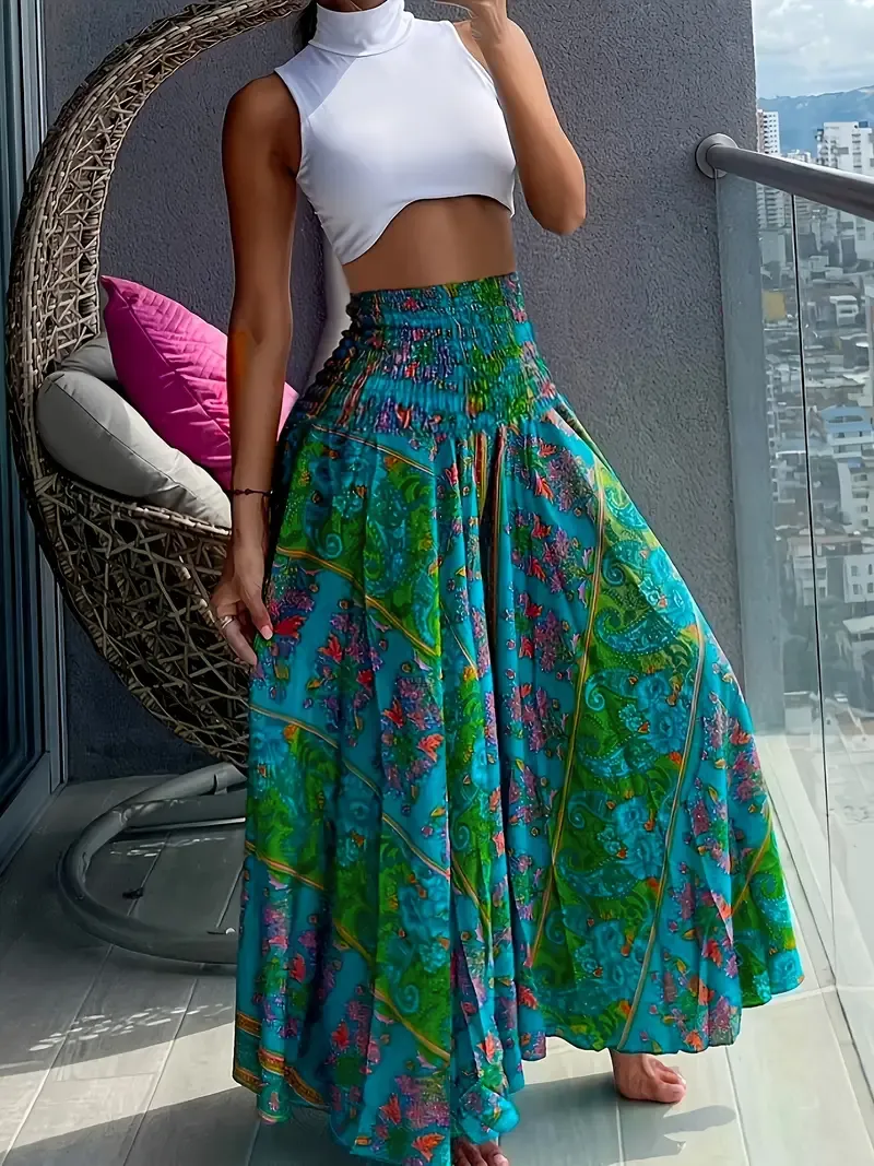 High Waist Boho Floral Print Shirred Waist Pants, Casual & Versatile For Spring & Summer, Women's Clothing